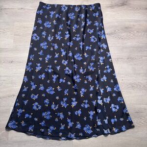 Halogen Womens XL Blue Floral A-Line Midi Slip Skirt Black  Side Slit
